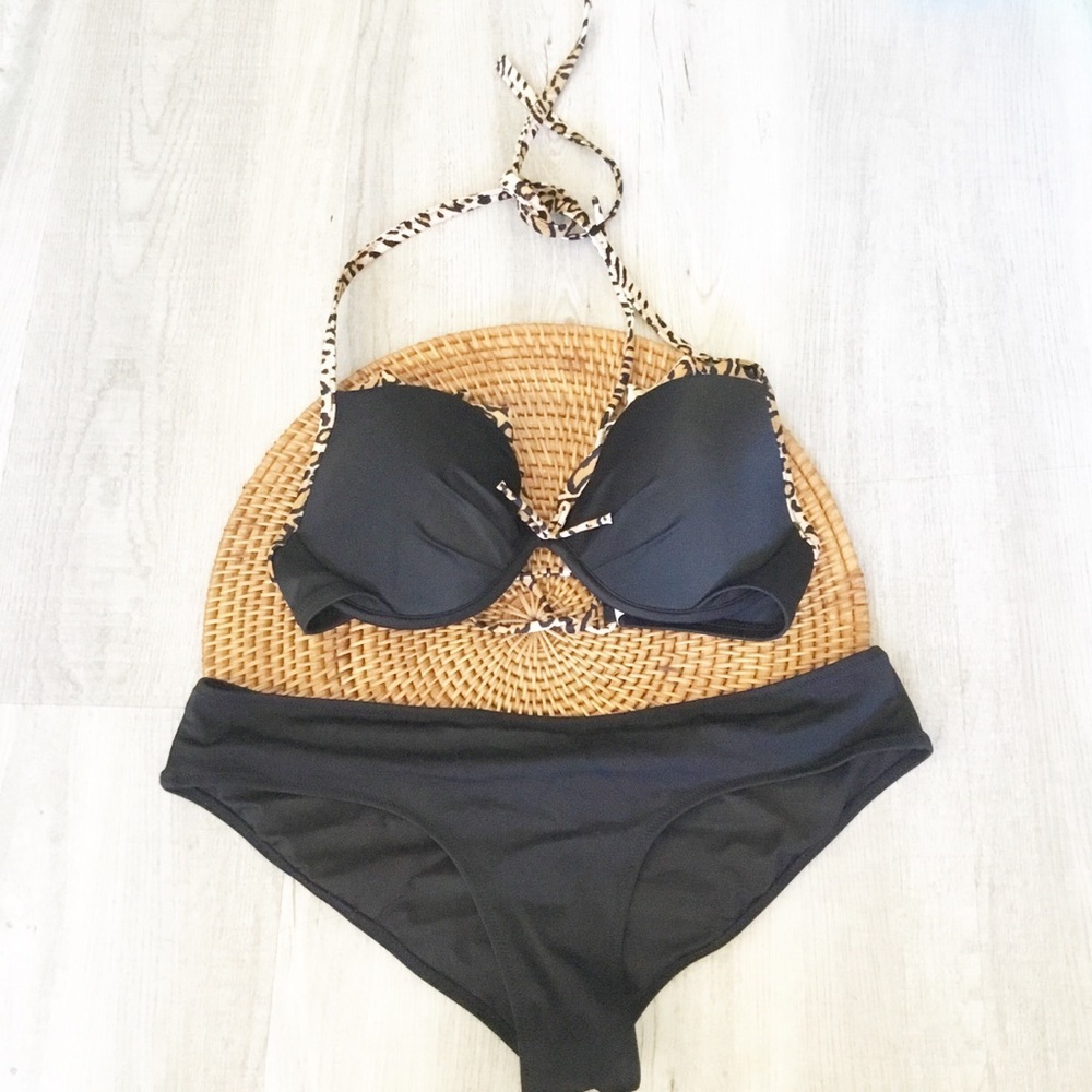 Victorias Secret Animal Print Black Swimsuit Size M 36 C Padded Top Bikini